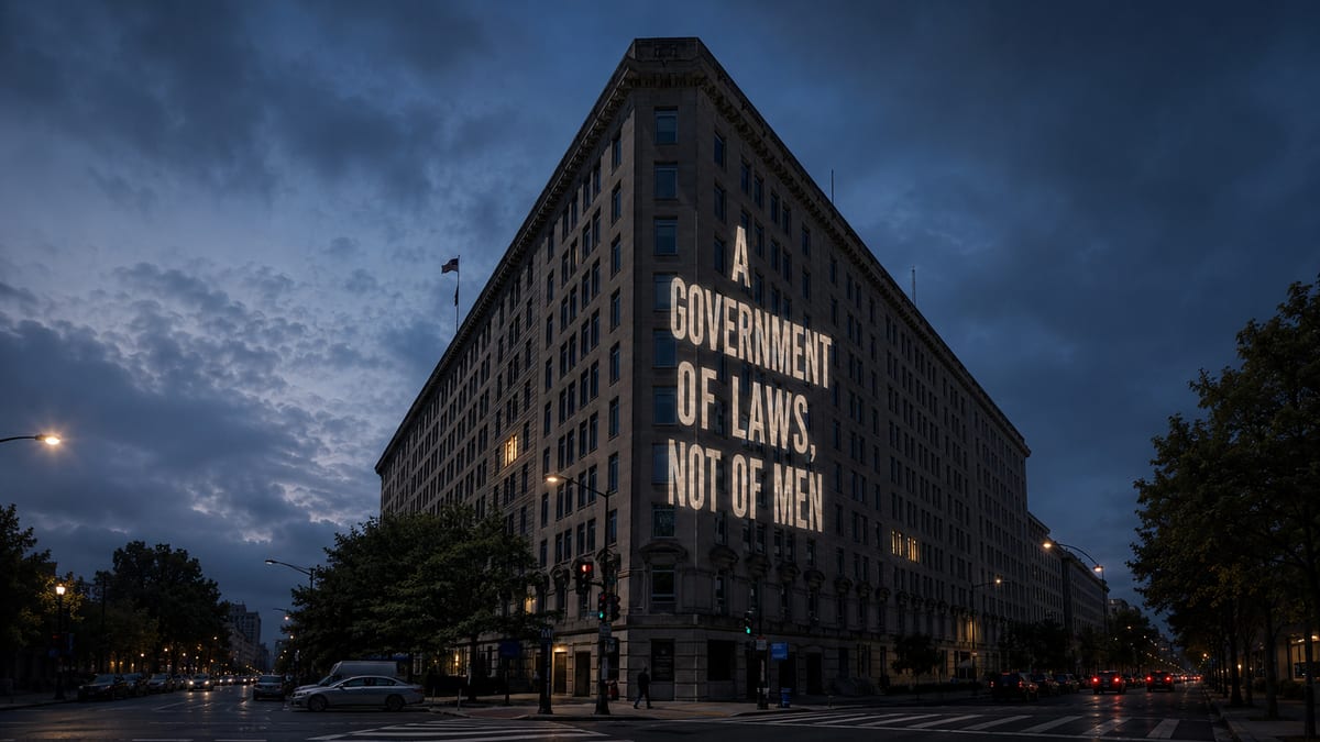 VA Central Office building at dusk with the John Adams quote 'A Government of Laws, Not of Men' projected on its facade, illustrating the fight for VA collective bargaining rights.